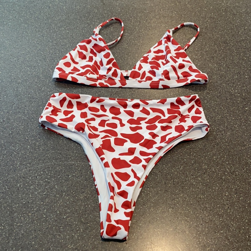 Red and white animal print bikini